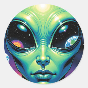 Buitenaards gezicht met planeten en reflecties in ronde sticker