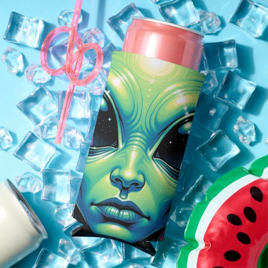 Buitenaards gezicht met planeten en reflecties in  seltzer blikjeskoeler (Insitu Zomer)