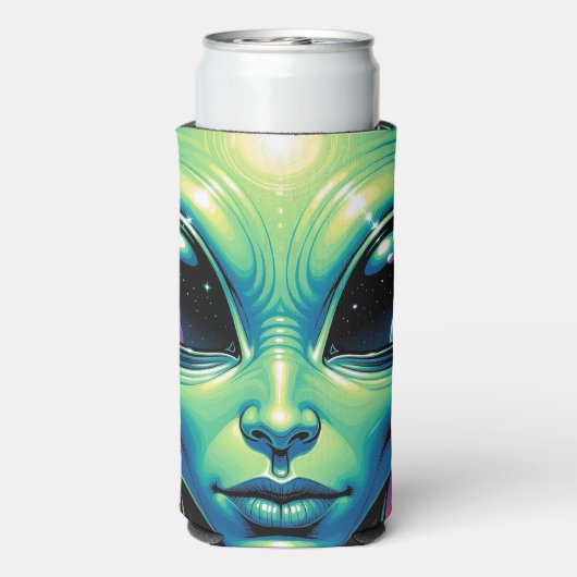 Buitenaards gezicht met planeten en reflecties in seltzer blikjeskoeler (Seltzer Achterkant)