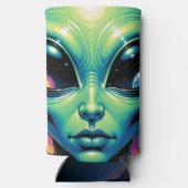 Buitenaards gezicht met planeten en reflecties in  seltzer blikjeskoeler (Achterkant)