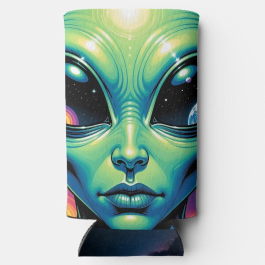 Buitenaards gezicht met planeten en reflecties in seltzer blikjeskoeler (Achterkant)