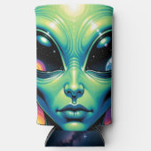 Buitenaards gezicht met planeten en reflecties in  seltzer blikjeskoeler (Voorkant)