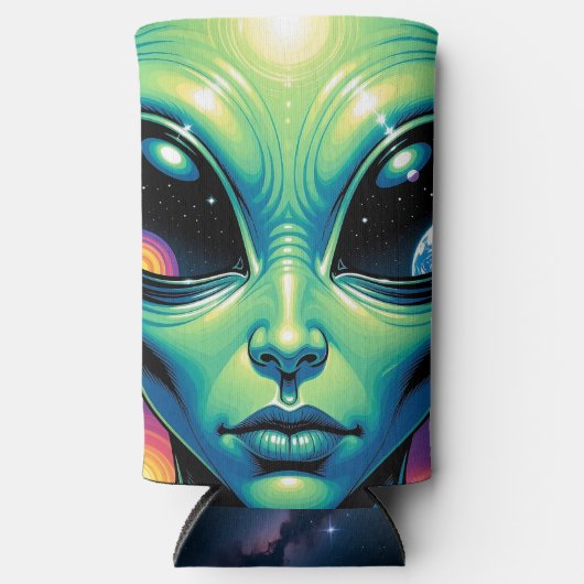 Buitenaards gezicht met planeten en reflecties in  seltzer blikjeskoeler (Voorkant)