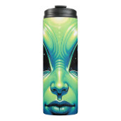 Buitenaards gezicht met planeten en reflecties in thermosbeker (Voorkant)