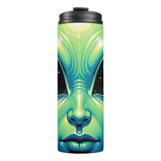 Buitenaards gezicht met planeten en reflecties in  thermosbeker (Voorkant)