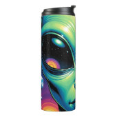 Buitenaards gezicht met planeten en reflecties in thermosbeker (Gedraaid links)