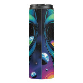 Buitenaards gezicht met planeten en reflecties in thermosbeker (Achterkant)