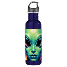 Buitenaards gezicht met planeten en reflecties in  waterfles 