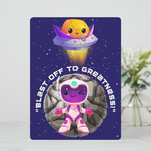 BUITENAARDS,HEELAL, RAKETSCHIP, PLANEET EN RUIMTEV FEESTDAGENKAART (Staand voorkant)