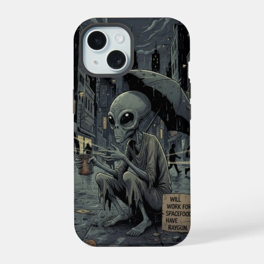Buitenaards in de regen iPhone 15 case (Achterkant)
