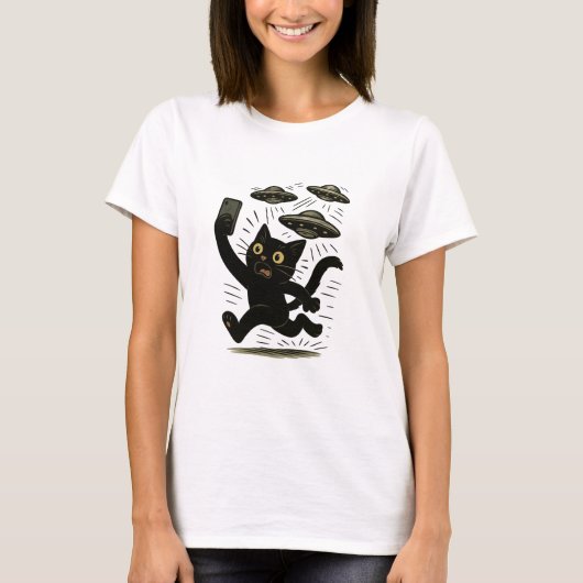 Buitenaards Kat Design, Selfie UFO Kat T-shirt (Voorkant)