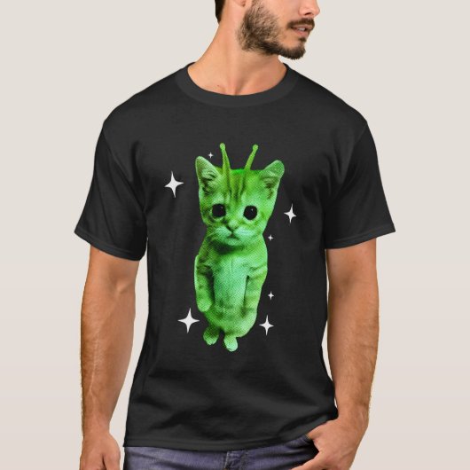Buitenaards kattenmeme groene ruimte kat grappige t-shirt (Voorkant)