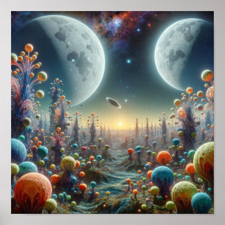 Buitenaards landschap met Twin Moons Poster