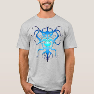 Buitenaards ras tribal tattoo ontwerp blauw t-shirt