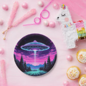 Buitenaards ruimteschip retro futuristisch papieren bordje (Feest)