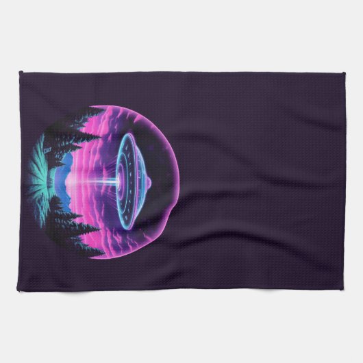 Buitenaards ruimteschip retro futuristisch theedoek (Horizontaal)