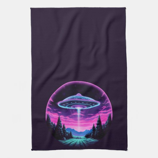 Buitenaards ruimteschip retro futuristisch theedoek (Verticaal)