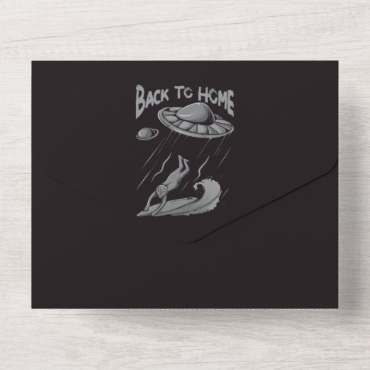 buitenaards surfende illustratie met thuis all in one uitnodiging (Achterkant)