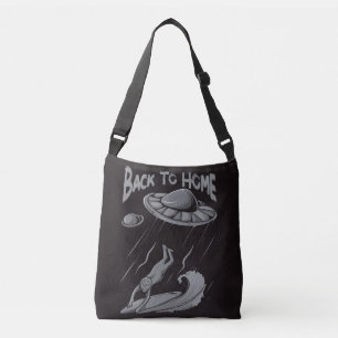 buitenaards surfende illustratie met thuis crossbody tas