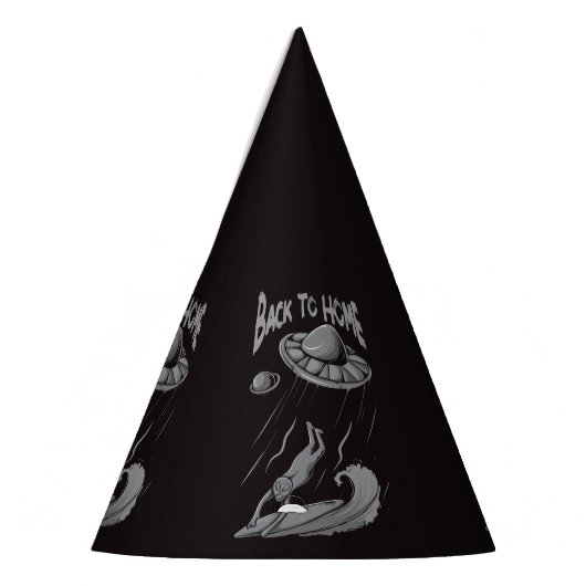 buitenaards surfende illustratie met thuis feesthoedjes (Links)