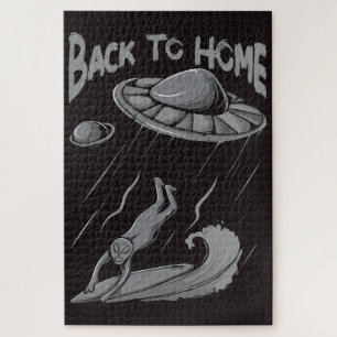 buitenaards surfende illustratie met thuis legpuzzel