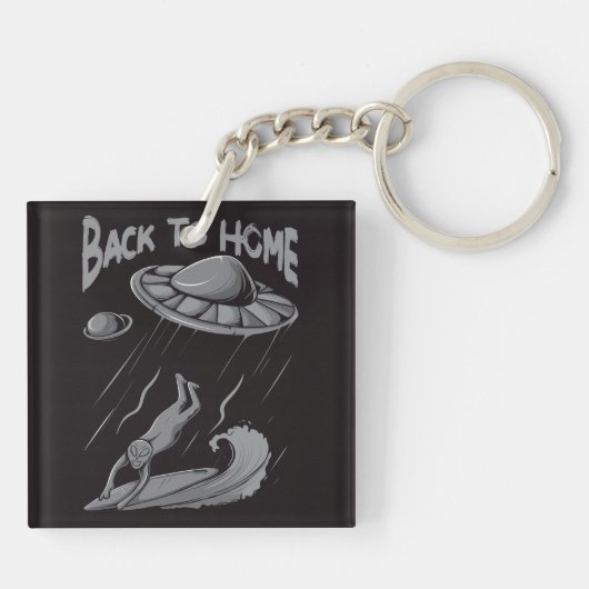 buitenaards surfende illustratie met thuis sleutelhanger (Achterkant)