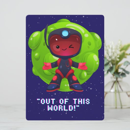 BUITENAARDS WEEZEN, HEELAL, RAKETSCHIP, PLANEET EN FEESTDAGENKAART (Staand voorkant)