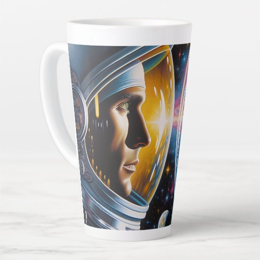 Buitenaards wezen en astronaut in de ruimte latte mok (Linkerhoek)