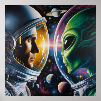 Buitenaards wezen en astronaut in de ruimte poster