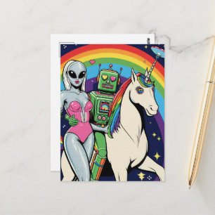 Buitenaards wezen en een robot verliefd op hun een briefkaart
