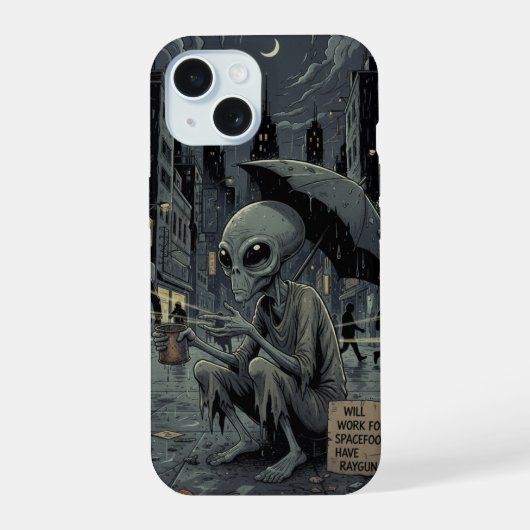 Buitenaards wezen in de regen iPhone 15 case (Achterkant)