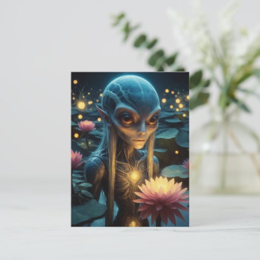 Buitenaards wezen in een Lotus Pond Briefkaart (Staand voorkant)