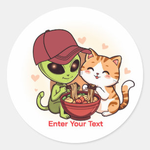 Buitenaards Wezen & Kat Delen Ramen Kawaii Kunst Ronde Sticker