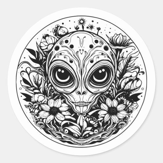 Buitenaardse Alien in Bloemen Zwart en Wit Ronde Sticker (Voorkant)