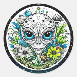 Buitenaardse Alien in Flowers Sterrennacht Ronde Sticker