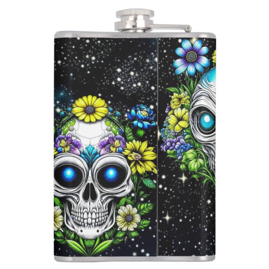 Buitenaardse buitenaardse schedels en bloemen heupfles (Achterkant)