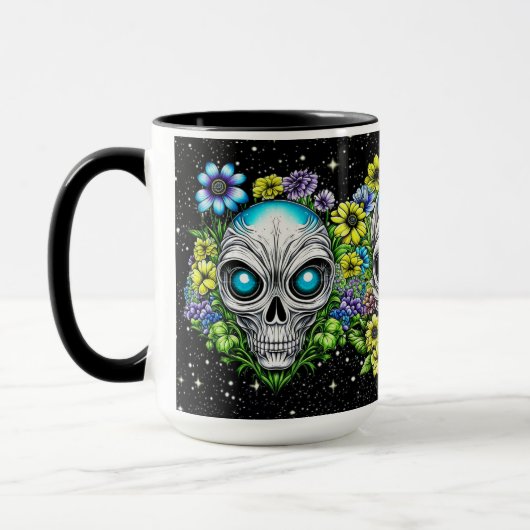 Buitenaardse buitenaardse schedels en bloemen mok (Links)