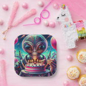 Buitenaardse buitenaardse wezen eten verjaardagsta papieren bordje (Feest)