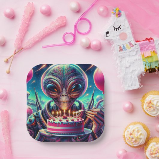 Buitenaardse buitenaardse wezen eten verjaardagsta papieren bordje (Feest)