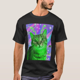 Buitenaardse Kat Groen Paars Antenne Sci Fi Trippy T-shirt