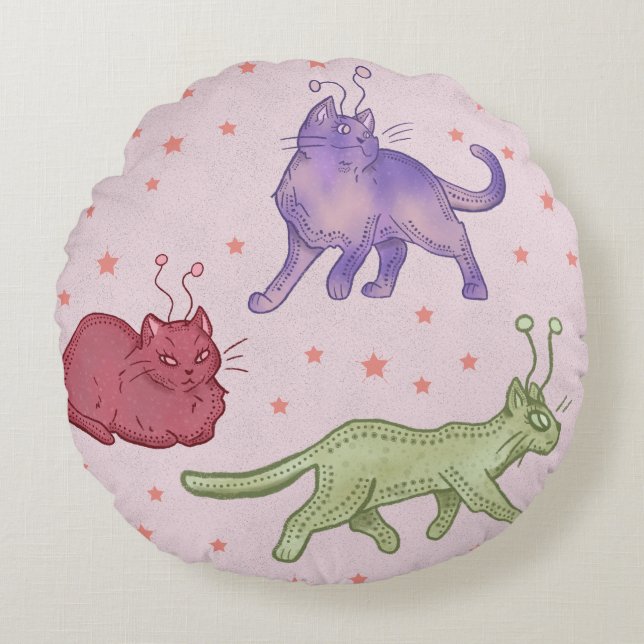 Buitenaardse katten Whimsical ruimtekat Funny Sci- Rond Kussen (Voorkant)