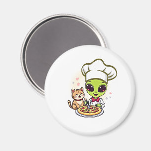 Buitenaardse Pizzachef Kat Cartoon Kunst Magneet