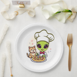 Buitenaardse Pizzakok Kat Cartoon Kunst Papieren Bordje