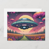 Buitenaardse planeet die UFO over Bloemengebied vl Briefkaart (Voorkant / Achterkant)