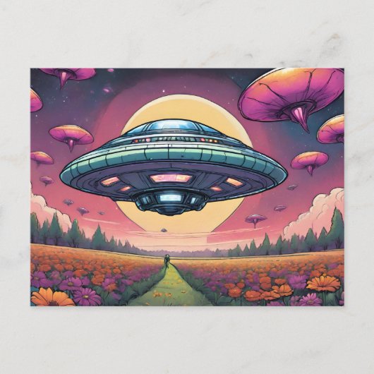 Buitenaardse planeet die UFO over Bloemengebied vl Briefkaart (Voorkant)