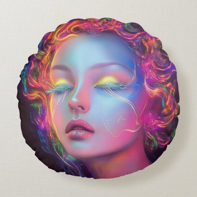 Buitenaardse vrouw met kosmisch haar rond kussen (Voorkant)