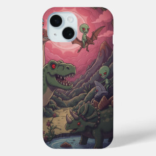 Buitenaardse wezens en dinosauriërs onder karmozij iPhone 15 case