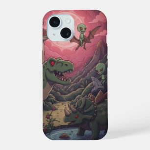 Buitenaardse wezens en dinosauriërs onder karmozij iPhone 15 case