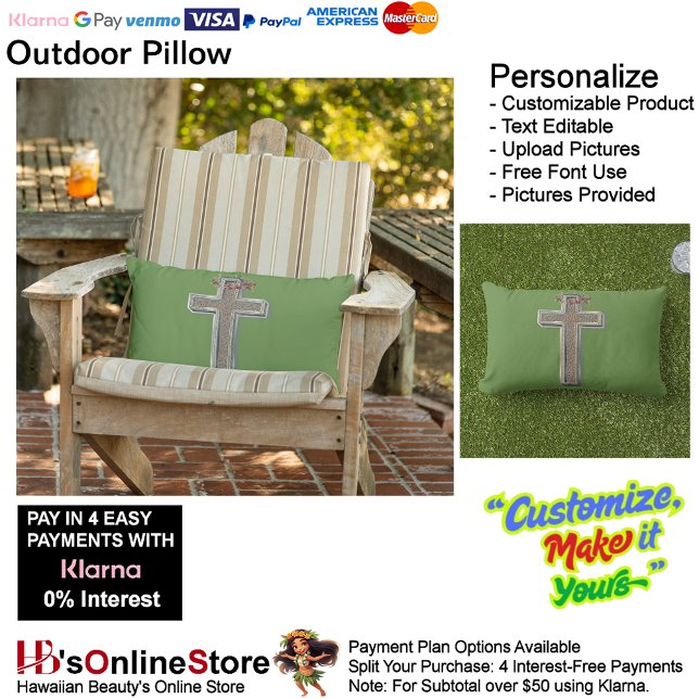 Buitenkussen met groene achtergrond (Cross Outdoor Throw Pillow with Green Background.)