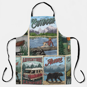 Buitenrecreatie vintage posters met kano's schort